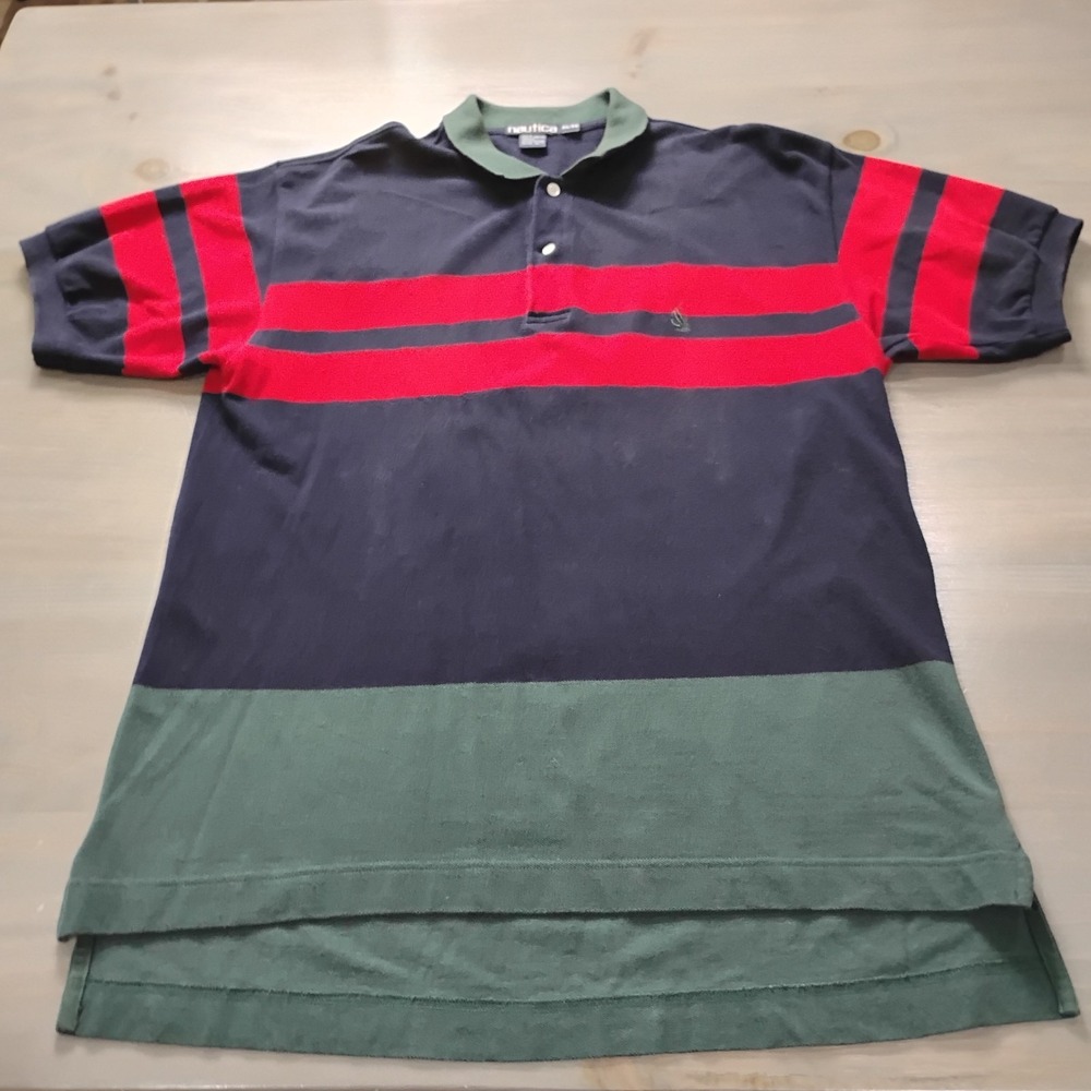 Vintage Nautica Polo Shirt Mens XL Multicolor Striped Cotton Retro Side Slit